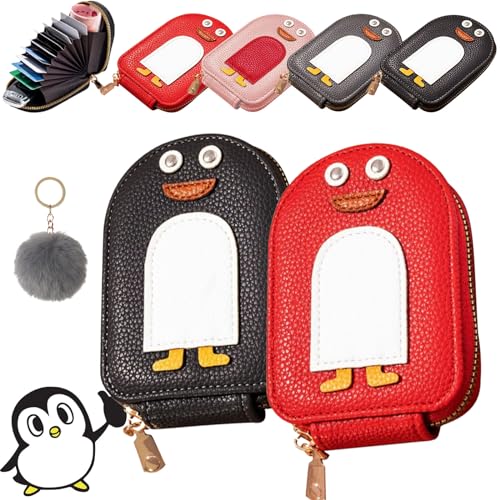 Qosneoun Niedliche Pinguine PU Kreditkarte Münze Brieftasche, Cute Penguins PU Credit Card Coin Wallet, Creative Cartoon Penguin Accordion Card Wallet with Zip for Travel, Business (2PCS-C) von Qosneoun