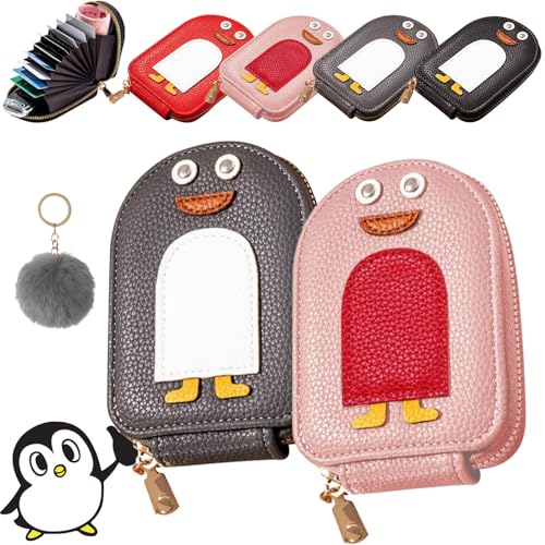 Qosneoun Niedliche Pinguine PU Kreditkarte Münze Brieftasche, Cute Penguins PU Credit Card Coin Wallet, Creative Cartoon Penguin Accordion Card Wallet with Zip for Travel, Business (2PCS-D) von Qosneoun