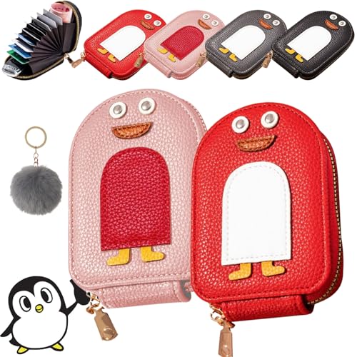 Qosneoun Niedliche Pinguine PU Kreditkarte Münze Brieftasche, Cute Penguins PU Credit Card Coin Wallet, Creative Cartoon Penguin Accordion Card Wallet with Zip for Travel, Business (2PCS-F) von Qosneoun