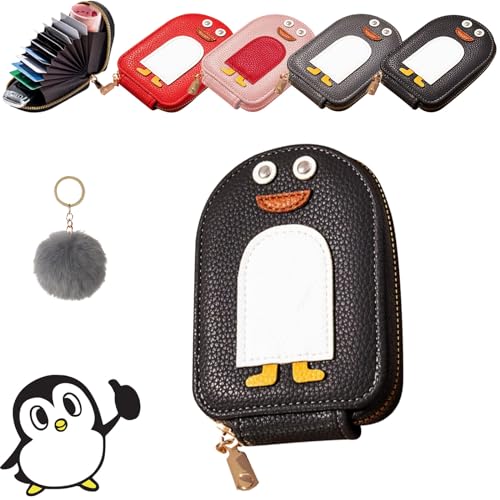 Qosneoun Niedliche Pinguine PU Kreditkarte Münze Brieftasche, Cute Penguins PU Credit Card Coin Wallet, Creative Cartoon Penguin Accordion Card Wallet with Zip for Travel, Business (Black) von Qosneoun