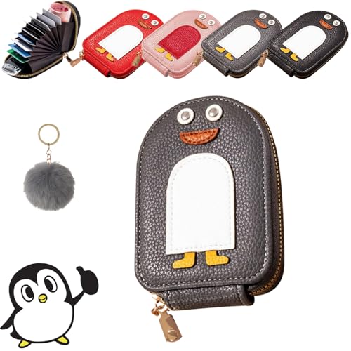 Qosneoun Niedliche Pinguine PU Kreditkarte Münze Brieftasche, Cute Penguins PU Credit Card Coin Wallet, Creative Cartoon Penguin Accordion Card Wallet with Zip for Travel, Business (Gray) von Qosneoun