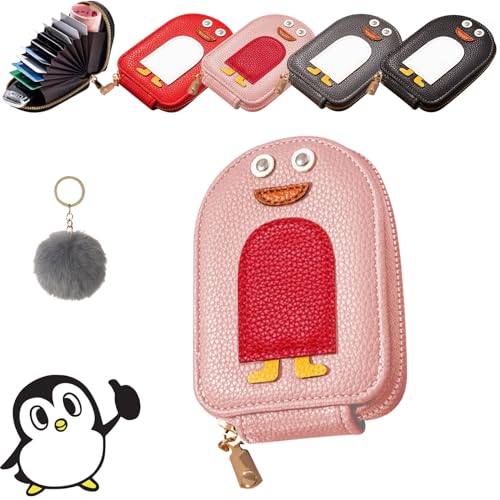 Qosneoun Niedliche Pinguine PU Kreditkarte Münze Brieftasche, Cute Penguins PU Credit Card Coin Wallet, Creative Cartoon Penguin Accordion Card Wallet with Zip for Travel, Business (Pink) von Qosneoun