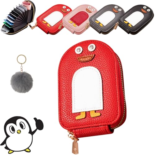 Qosneoun Niedliche Pinguine PU Kreditkarte Münze Brieftasche, Cute Penguins PU Credit Card Coin Wallet, Creative Cartoon Penguin Accordion Card Wallet with Zip for Travel, Business (Red) von Qosneoun