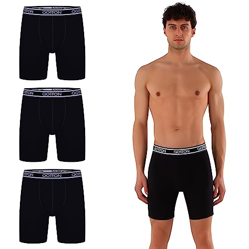 Qotton 3er Pack schwarz mit langem Bein Boxershort Herren 3er Pack S-XXL Männer Unterhosen aus Baumwolle Unterwäsche verlängertes Hosenbein nachhaltig ohne kratzenden Zettel (3XL, Blau) von Qotton