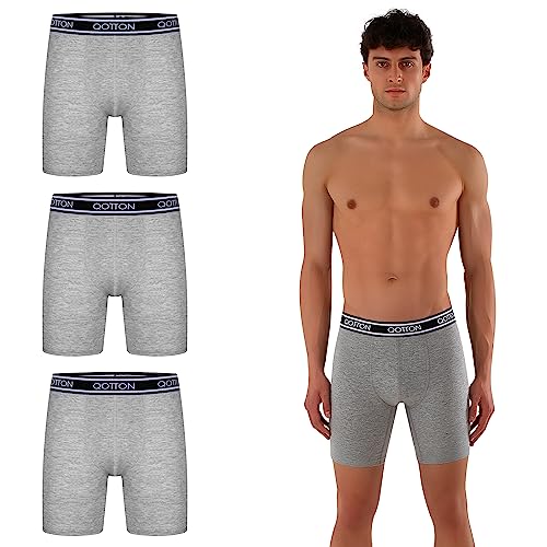 Qotton 3er Pack schwarz mit langem Bein Boxershort Herren 3er Pack S-XXL Männer Unterhosen aus Baumwolle Unterwäsche verlängertes Hosenbein nachhaltig ohne kratzenden Zettel (S, Grau) von Qotton