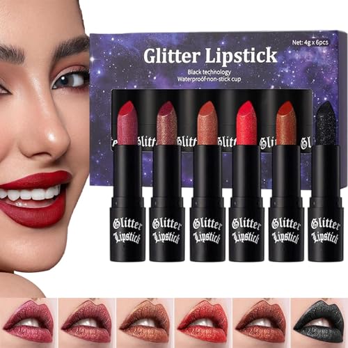 Qoukonao Glitzer Lippenstift Langzeit Haltbar Wasserfest - Glänzender Lipgloss,6er Set Damen Glitzer Lipgloss Für Alltag Party Reise Halloween Make Up von Qoukonao