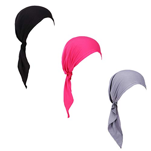 Qovelly vorgebundenes Chemo-Kopftuch, 3er-Pack, Beanie-Totenkopf-Abdeckkappe für Frauen, Set, 6-langer Stil, D3-langer Riemen, 3er-Pack, Einheitsgröße von Qovelly