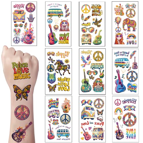 Qpout 10 Blatt Hippie Temporäre Tattoo Ticker Groovy 70er Jahre 80er 90er Jahre für Mädchen und Jungen, Wasserdichte Liebe und Peace Zeichen Gesicht Aufkleber Hippie Thema Party Zubehör von Qpout
