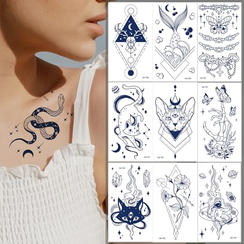 Qpout 10 Blatt semi-permanente Tattoos für Frauen Mädchen Realistische temporäre Tattoos Body Art Tattoo Aufkleber dunkelblau wasserdicht gefälschte Tattoos langlebig für 1-2 Wochen von Qpout