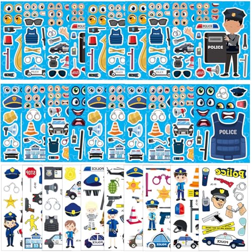 Qpout 24 Blatt Polizeiaufkleber und 10 Blatt Polizeitattoo-Aufkleber für Kinder, Gestalten Sie Gesichtsaufkleber, Bastelaufkleber, temporäre Polizeitattoos für Jungen, Mädchen und Kinder von Qpout