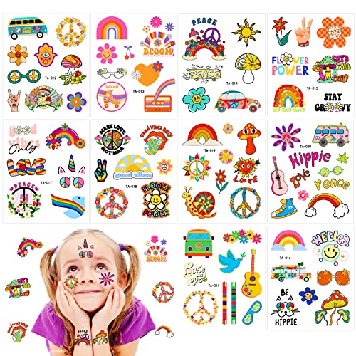 Qpout 10 STÜCKE Hippie Temporäre Tätowierung Trendige Hippie Blume Tattoo Aufkleber Gesichtstattoos für Erwachsene und Kinder Liebes- und Friedenszeichen Temporäre Tätowierung Party Favor Zubehör von Qpout