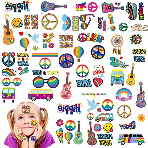 Qpout 10 Blatt Hippie Tattoos Temporär sortiert trendy Hippie Aufkleber Flower Power Liebe und Frieden Zeichen Groovy Tattoos für Erwachsene und Kinder Hippie Groovy Party Favor Accessorie von Qpout