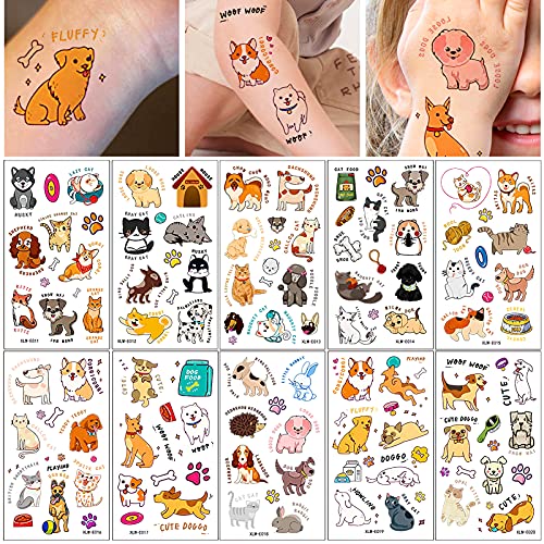 Qpout Haustier Katzen Hunde Temporäre Tattoos für Kinder, 10 Blatt Niedliche Cartoon Tier Hund Katze Wasserdichte Tattoos Aufkleber für Jungen Mädchen Partytüte Füller Belohnungen von Qpout