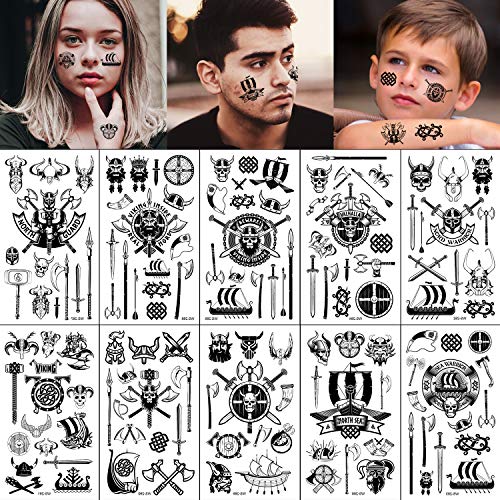 Qpout Piraten Temporäre Tattoos 130 + Design, Schwarze Wikinger Piraten Tattoos Aufkleber für Mädchen Jungen Kinder Partytüten Mitgebsel Geburtstagsgeschenk Pirate Party Gesicht Hand Arm Dekor von Qpout