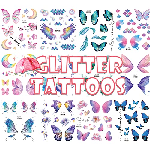 Qpout 12 Blätter Glitzer Tattoos für Kinder Schmetterling Glitzer Temporäre Tattoos Schmetterling Party Geschenk Körper Kunst Make-up Aufkleber für Mädchen Kinder Frau Geburtstag Fee Party von Qpout