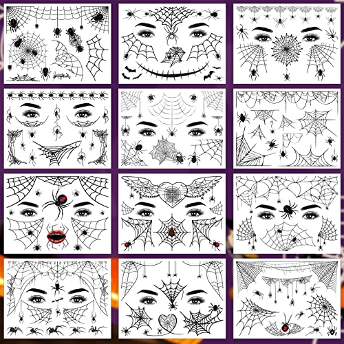 Qpout 12 Blatt Halloween Spinne Temporäre Tattoos, Spinnennetz Gesicht Tattoo Aufkleber für Kinder Erwachsene Halloween Cosplay Make-up Party Dekorationen von Qpout