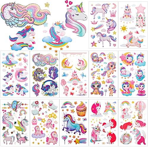 Qpout 12 Blätter Glitter Einhorn Temporäre Tattoos für Kinder, Kinder Mädchen Geburtstagszubehör Partyfüller Einhorn Geschenke Party Dekoration Spiele Preise Einhorn Spielzeug für Geburtstagsfeier von Qpout