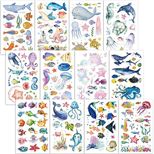 Qpout Meerestieren Temporäre Tattoos für Kinder, Sea Life Tattoos für Kinder Partygeschenke, Delphin Hai Krake Fisch Seesterne Tattoo Aufkleber, Jungen Mädchen Geburtstag Geschenke Taschenfüller von Qpout