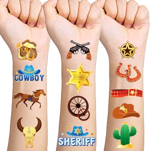 Qpout 120pcs Glitzer Gold Cowboy Temporäre Tattoos Western Folie Pferd Rodeo Yeehaw Hüte Stiefel Gesicht Gefälschte Tattoos, Jungen Cowboy Handwerk Western Party Temporäre Tattoos Pferd Aufkleber von Qpout