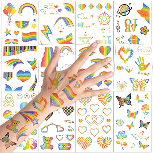 Qpout 12PCS Rainbow Glitter Tattoo Schmetterling Herz Regenbogenfahne Body Art Aufkleber 130+ Glitzerstile Stolz Tattoos für Mädchen Jungen Geburtstagsfeier Stolz von Qpout