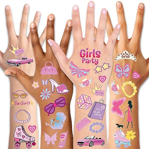 Qpout 154 Stück Rosa Temporäre Tattoos für Mädchen Niedliche rosa-lila Prinzessin Thema Gesicht gefälschte Tattoos Aufkleber für rosa Geburtstagsfeier Zubehör Dekorationen 20 Blatt von Qpout