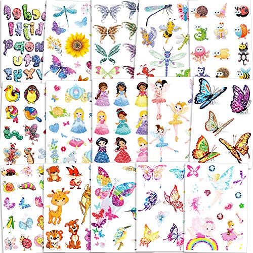 Qpout 180pcs Glitzer Tattoos für Kinder, Glitzer Flash Temporäre Tattoos Blumenfee/Disney Princess/Schmetterling/Tier Tattoo Aufkleber für Mädchen Kinder Geburtstagsfeier Geschenkbeutel Mitgebsel von Qpout