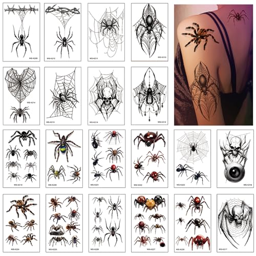 Qpout 20 Blatt Halloween Spinnengesicht Tattoos Spinnennetz Spinnennetz temporäre Tattoos, Zombie Gesicht Tattoos Aufkleber Halloween Make up Kostüm Bekleidung Cosplay Horror Abziehbilder Spinnennetz von Qpout