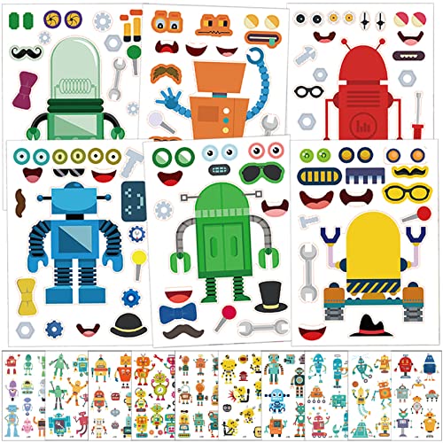 Qpout 24 Blatt Machen Sie einen Roboter Aufkleber und 10 Blatt Roboter Tattoo Aufkleber für Kinder, machen Sie Ihre eigenen Aufkleber Machen Sie ein Gesicht Aufkleber Roboter Temporäre Tattoos von Qpout