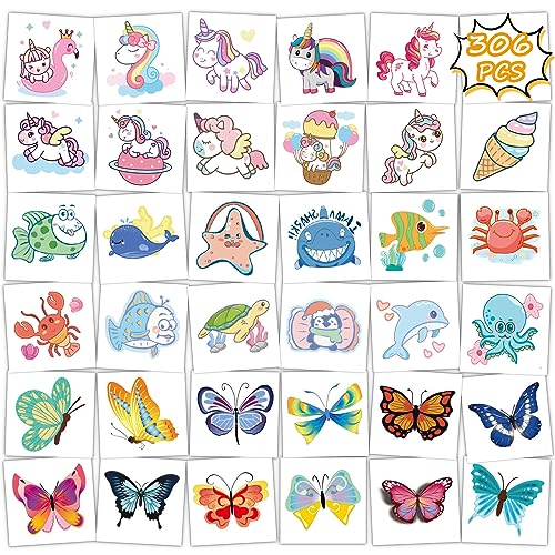 Qpout 306 Blatt Temporäre Tattoos für Kinder, Temporäre Tattoos für Jungen und Mädchen, 102 Blatt Einhorn Tattoos+102 Blatt Meerestier Tattoos+102 Blatt Schmetterlings Tattoos, Tattoos für Kinderparty von Qpout