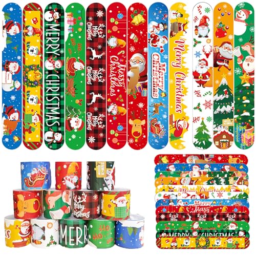 Qpout 48Pcs Weihnachts-Ohrfeigen-Armbänder Bulk für Kinder Weihnachtsthemenmuster Weihnachtsurlaub Snap-Armbänder für Weihnachtsfeier Gefälligkeiten Vorräte Klassenzimmer Preise Austausch von Qpout