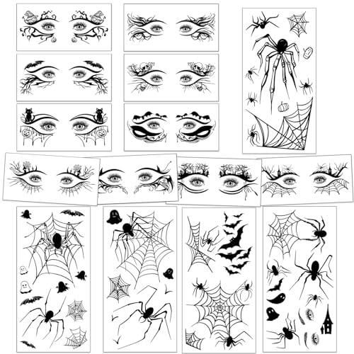 Qpout 5 Blätter Große 3D Spinnennetz Temporäre Tattoos und 10 Paar Lidschatten Eyeliner Gesicht Augen Make-up Tattoos Aufkleber schwarzer Horror gefälschte Körpertattoos für Halloween Maskerade von Qpout