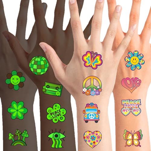 Qpout 96pcs Glow In The Dark Hippie Tattoos Aufkleber Groovy 70er 80er 90er Jahre Temporäre Tattoos für Kinder, wasserdichte Liebe und Frieden leuchtende Gesichtstattoos Flower Power Hippie Party von Qpout