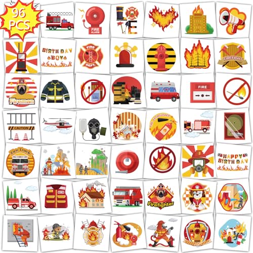 Qpout 96Pcs Feuerwehrmann temporäre Tattoos für Kinder Feuer Party gefälschte Tätowierung wasserdicht Feuerwehrmann Feuerwehrauto Tattoo Aufkleber für Kinder Geschenke Klassenzimmer Schule von Qpout