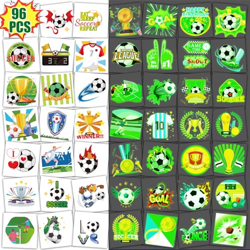 Qpout 96Pcs Fußballsport temporäre Tattoos für Kinder leuchtendes Fußballspiel wasserdichte Tätowierungen leuchten im Dunkeln Europapokal Fußballaufkleber für Fußball Thema Geburtstagsfeier von Qpout