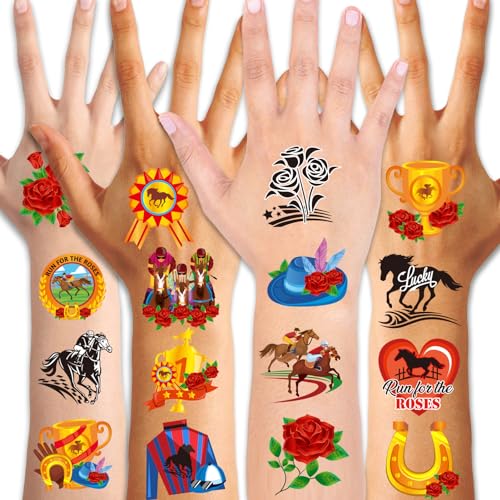 Qpout 96Pcs Kentucky Pferd Derby Tattoos Party Favoriten Pferderennen temporäre Tattoo Aufkleber für Kinder Erwachsene Pferd Thema Derby Tag Geburtstag Zubehör Dekorationen von Qpout