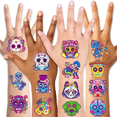 Qpout 96 STÜCKE Tag der Toten Zucker Schädel Gesicht Tattoos Bunte Niedliche Halloween Temporäre Tattoos für Kinder Jungen Mädchen Mexikanische Cosplay Halloween Party Gunst Vorräte von Qpout