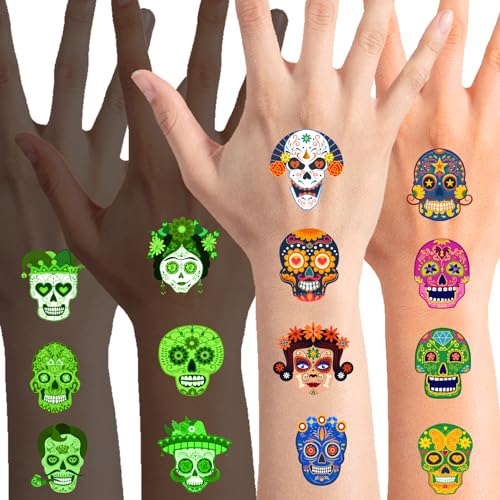 Qpout 96pcs Tag des Toten Zuckerschädels leuchten in dunklen temporären Tattoos für Kinder, Halloween mexikanische leuchtende dia de los muertos wasserdichte gefälschte Skelett Schädel Tattoos von Qpout