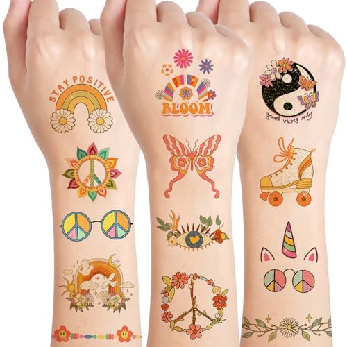 Qpout Glitzer Hippie TemporäreTattoos für Kinder und Erwachsene, 20 Blatt Temporäre Groovy-Hippie-Tattoos, Retro-Party Frieden und Liebe der 70er Jahre Blumen Geburtstagsparty Dekorationen von Qpout