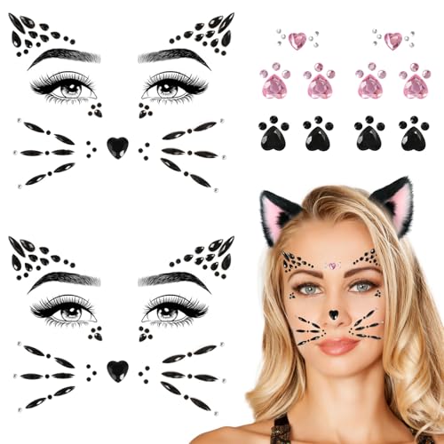 Qpout Katze Gesicht Edelsteine Gesicht Schmuck für Frauen Kinder Gesicht Strass Aufkleben Katze Schnurrhaare Kostümzubehör Katze Halloween Make-up 4 Blätter von Qpout