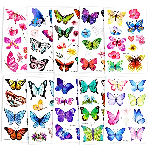 Qpout Schmetterling Tattoos für Kinder Mädchen, Schmetterlinge Temporäre Tattoo Aufkleber Wasserdicht Bunte Gesicht Arm Hand Tattoos für Mädchen Jungen Geburtstagsfeier Dekoration Geschenke Mitgebsel von Qpout