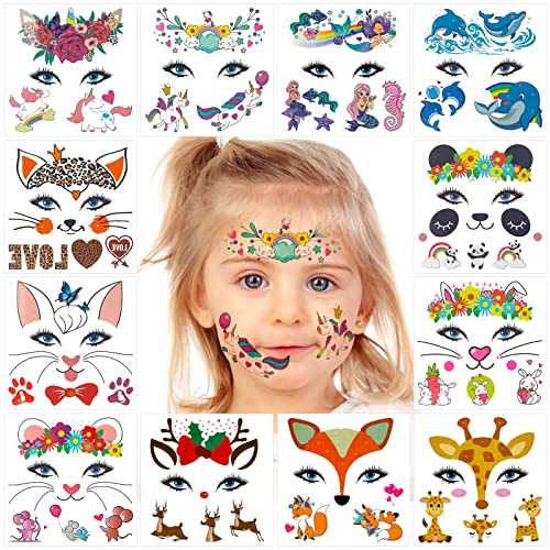 Qpout Tiere Gesicht Tattoos für Kinder, 12 Blatt Gesicht Tattoos für Kinder Party, Temporäre Tesichtstattoos Für Mädchen Jungen, Meerjungfrau Einhorn Delfin Panda Kaninchen Fuchs Maus Giraffe Tattoos von Qpout