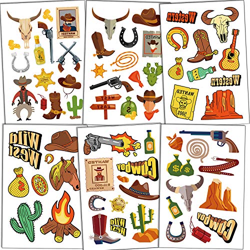 Qpout Western Cowboy Temporäre Tattoos Kindertattoos, Cartoon Western Wild Wasserdichte gefälschte Tattoos Aufkleber West Party Rodeo Party Kindergeburtstag Mitgebsel Cowboy Party Dekor von Qpout