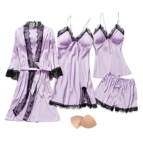 QraraZL Damen 4 Stücke Satin Schlafanzug Set Spitze Kimono Robe Pyjama Set Sexy Negligee und Shorts Nachthemd 4-teiliges Set, Mit Brustpolster Lila XL von QraraZL