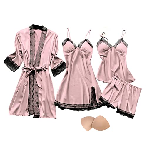 QraraZL Damen 4 Stücke Satin Schlafanzug Set Spitze Kimono Robe Pyjama Set Sexy Negligee und Shorts Nachthemd 4-teiliges Set, Mit Brustpolster Rosa L von QraraZL