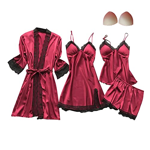 QraraZL Damen 4 Stücke Satin Schlafanzug Set Spitze Kimono Robe Pyjama Set Sexy Negligee und Shorts Nachthemd 4-teiliges Set, Mit Brustpolster Rot L von QraraZL