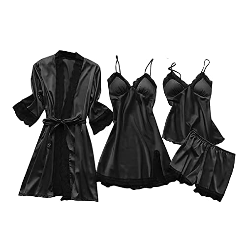 QraraZL Damen 4 Stücke Satin Schlafanzug Set Spitze Kimono Robe Pyjama Set Sexy Negligee und Shorts Nachthemd 4-teiliges Set, Mit Brustpolster Schwarz L von QraraZL