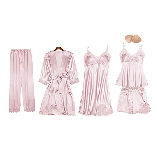 QraraZL Damen 5 Stücke Satin Schlafanzug Set, Spitze Kimono Robe Pyjama Set, Sexy Negligee Shorts und Lange Hosen Nachthemd 5-teiliges Set, Mit Brustpolster Rosa M von QraraZL