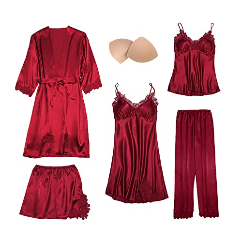 QraraZL Damen 5 Stücke Satin Schlafanzug Set, Spitze Kimono Robe Pyjama Set, Sexy Negligee Shorts und Lange Hosen Nachthemd 5-teiliges Set, Mit Brustpolster Rot L von QraraZL