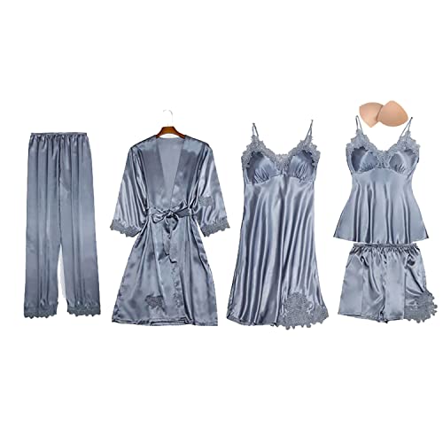 QraraZL Damen 5 Stücke Satin Schlafanzug Set, Spitze Kimono Robe Pyjama Set, Sexy Negligee Shorts und Lange Hosen Nachthemd 5-teiliges Set, Mit Brustpolster Silbergrau L von QraraZL