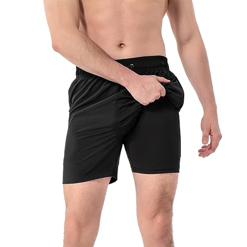 Qrity Herren Badehose mit Kompression Badeshorts 2 in 1, Reißverschlusstasche Surf Shorts, Atmungsaktiv Schnelltrocknend Strandshorts, Verstellbare Sportliche Shorts -L von Qrity